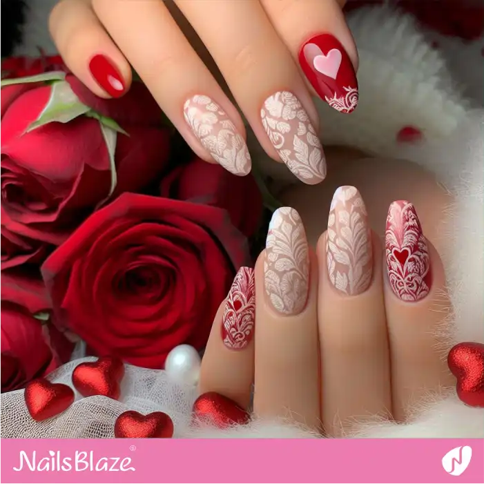 Red and White Filigree Valentine Nails | Valentine Nails - NB2940